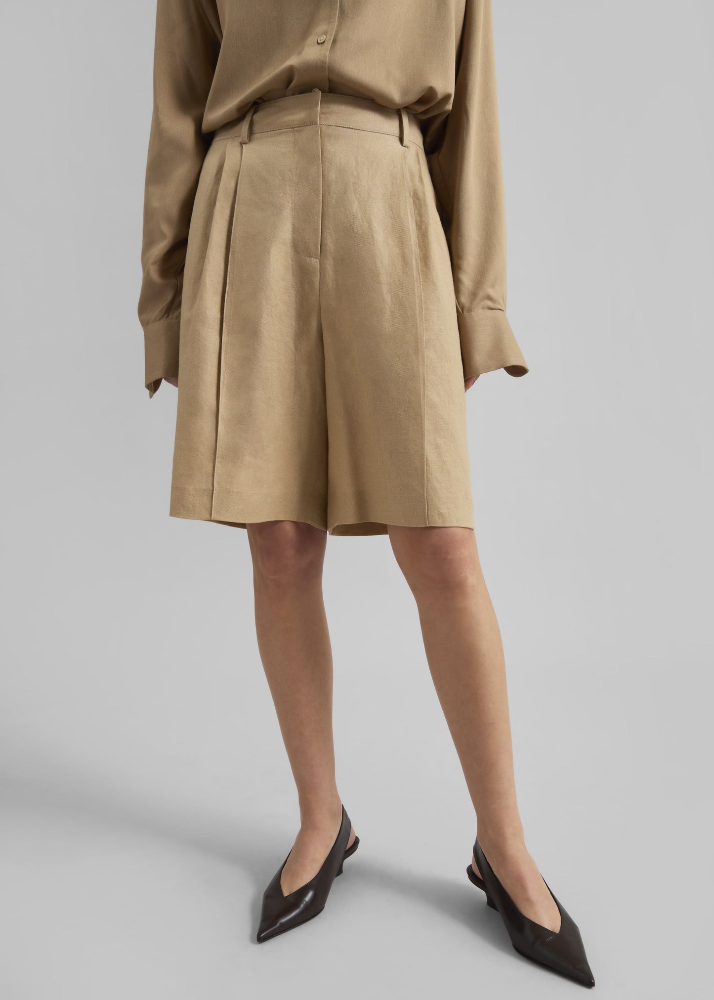 Marfa Pleated Linen Bermuda Shorts - Beige