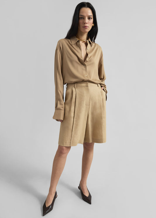 Marfa Pleated Linen Bermuda Shorts - Beige