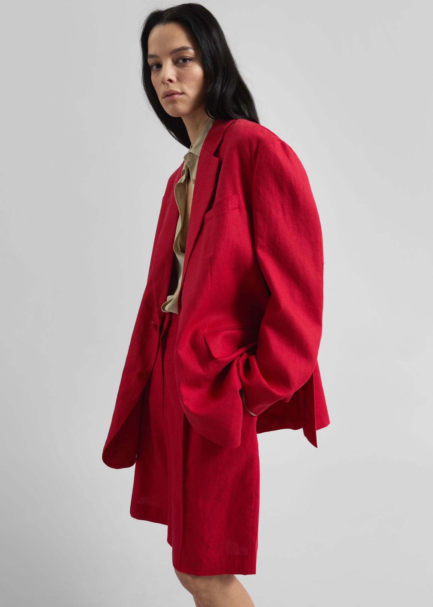Marfa Pleated Linen Bermuda Shorts - Red