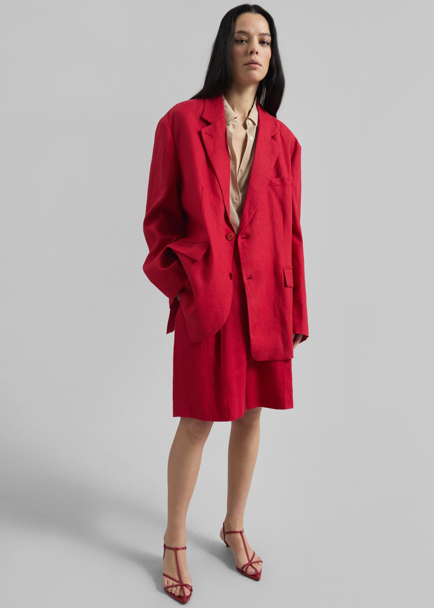 Marfa Pleated Linen Bermuda Shorts - Red